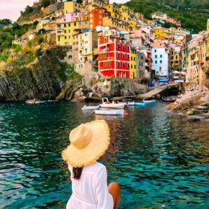 riomaggiore cinque terre italy, colorful village harbor front by the ocean, young asian wo (1) (1)